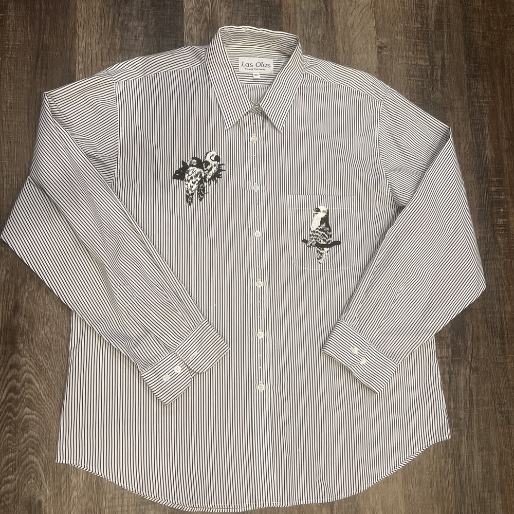 Vintage Las Olas~X-LARGE~Black And White Striped Parrot Shirt